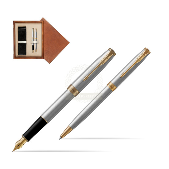Zestaw prezentowy Parker pióro wieczne + długopis Sonnet Stalowy GT w pudełku drewnianym Mahoń Double Ecru