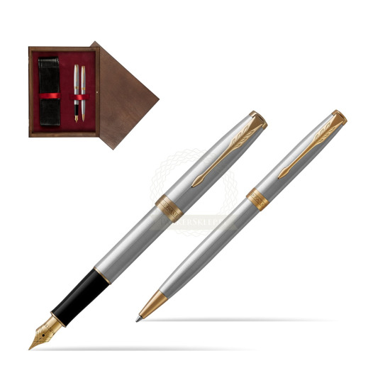 Zestaw prezentowy Parker pióro wieczne + długopis Sonnet Stalowy GT w pudełku drewnianym Wenge Double Bordo