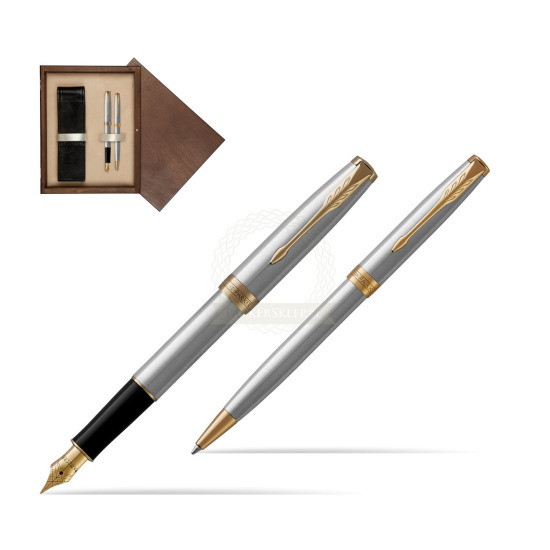 Zestaw prezentowy Parker pióro wieczne + długopis Sonnet Stalowy GT w pudełku drewnianym Wenge Double Ecru