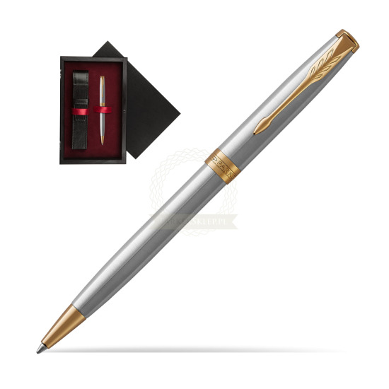 Długopis Parker Sonnet Stalowy GT w pudełku drewnianym Czerń Single Bordo