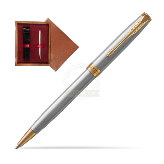 Długopis Parker Sonnet Stalowy GT w pudełku drewnianym Mahoń Single Bordo