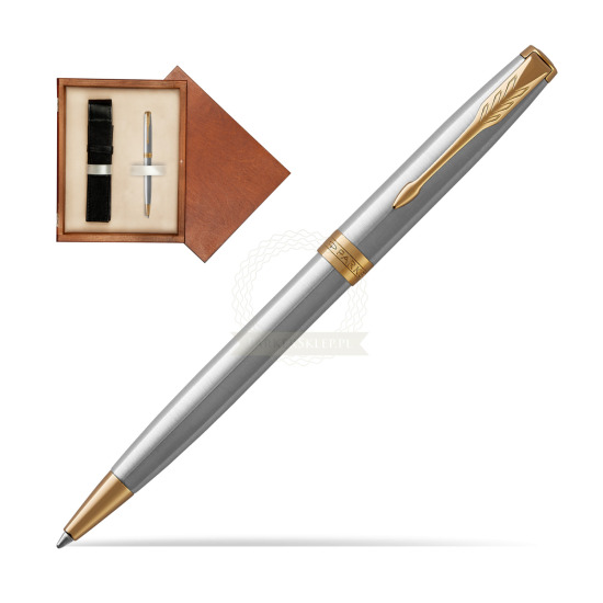Długopis Parker Sonnet Stalowy GT w pudełku drewnianym Mahoń Single Ecru