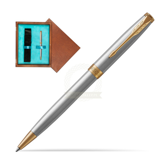 Długopis Parker Sonnet Stalowy GT w pudełku drewnianym Mahoń Single Turkus
