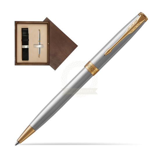 Długopis Parker Sonnet Stalowy GT w pudełku drewnianym Wenge Single Ecru