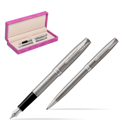 Zestaw prezentowy Parker pióro wieczne + długopis Sonnet Stalowy CT w pudełku zamszowym fuksja