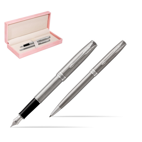 Zestaw prezentowy Parker pióro wieczne + długopis Sonnet Stalowy CT w różowym pudełku zamszowym