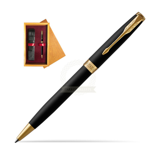 Długopis Parker Sonnet Czarny Matowy GT w pudełku drewnianym Honey Single Bordo