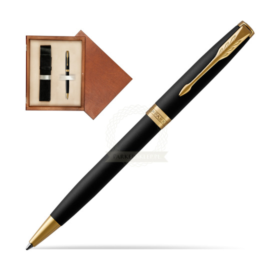 Długopis Parker Sonnet Czarny Matowy GT w pudełku drewnianym Mahoń Single Ecru