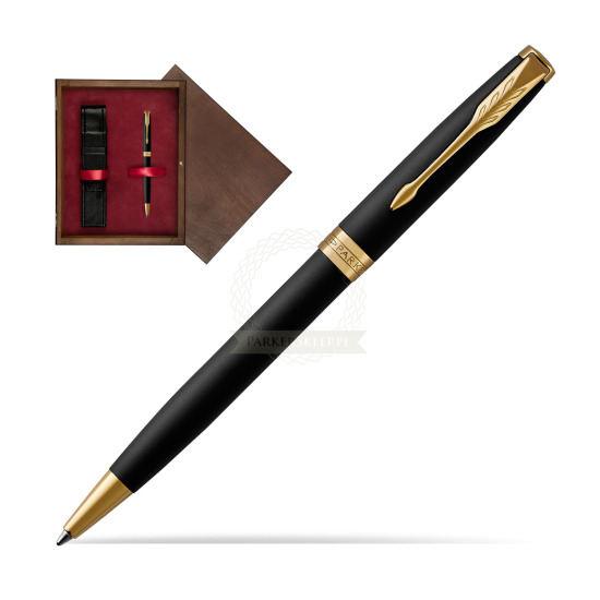 Długopis Parker Sonnet Czarny Matowy GT w pudełku drewnianym Wenge Single Bordo