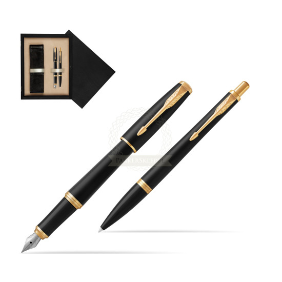 Zestaw Prezentowy Parker Pióro wieczne + Długopis Urban Muted Black GT w pudełku drewnianym Czerń Double Ecru
