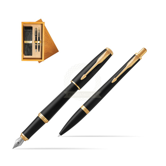 Zestaw Prezentowy Parker Pióro wieczne + Długopis Urban Muted Black GT w pudełku drewnianym Honey Double Ecru