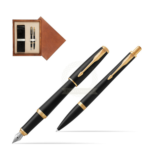 Zestaw Prezentowy Parker Pióro wieczne + Długopis Urban Muted Black GT w pudełku drewnianym Mahoń Double Ecru