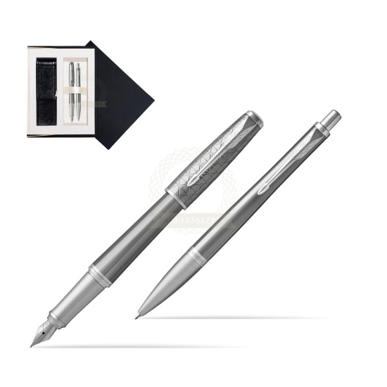 Zestaw Prezentowy Parker Pióro wieczne + Długopis Urban Premium Silvered Powder CT w czarnym pudełku zamszowym