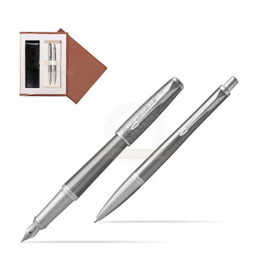 Zestaw Prezentowy Parker Pióro wieczne + Długopis Urban Premium Silvered Powder CT w brązowym pudełku zamszowym
