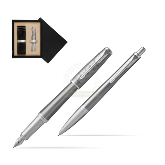 Zestaw Prezentowy Parker Pióro wieczne + Długopis Urban Premium Silvered Powder CT w pudełku drewnianym Czerń Double Ecru