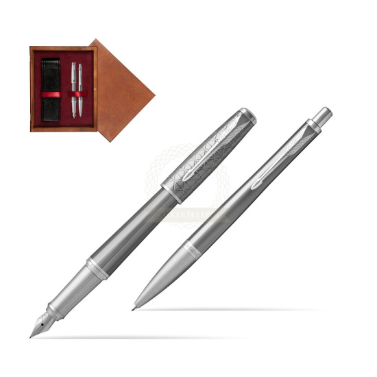 Zestaw Prezentowy Parker Pióro wieczne + Długopis Urban Premium Silvered Powder CT w pudełku drewnianym Mahoń Double Bordo