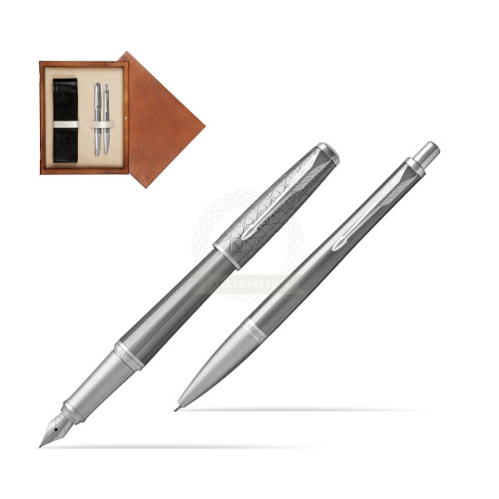 Zestaw Prezentowy Parker Pióro wieczne + Długopis Urban Premium Silvered Powder CT w pudełku drewnianym Mahoń Double Ecru