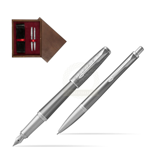 Zestaw Prezentowy Parker Pióro wieczne + Długopis Urban Premium Silvered Powder CT w pudełku drewnianym Wenge Double Bordo