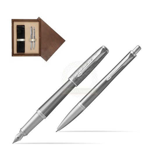 Zestaw Prezentowy Parker Pióro wieczne + Długopis Urban Premium Silvered Powder CT w pudełku drewnianym Wenge Double Ecru