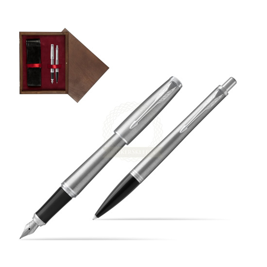 Zestaw Prezentowy Parker Pióro wieczne + Długopis Urban Metro Metallic CT w pudełku drewnianym Wenge Double Bordo