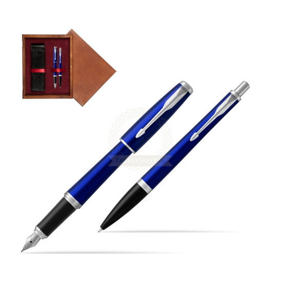 Zestaw Prezentowy Parker Pióro wieczne + Długopis Urban Nightsky Blue CT w pudełku drewnianym Mahoń Double Bordo