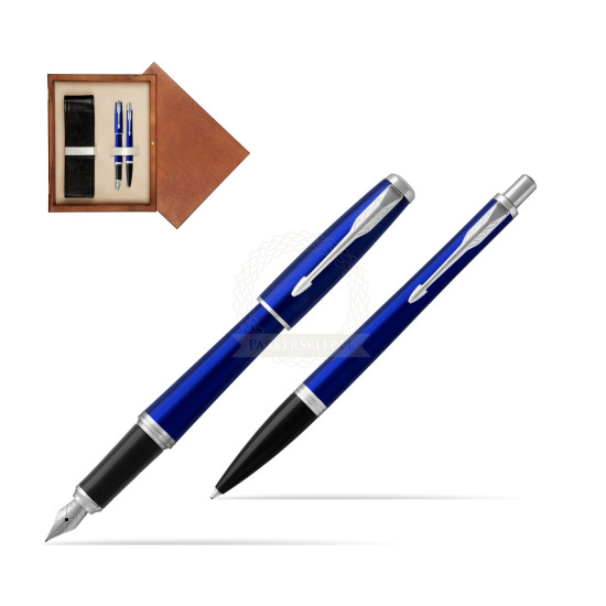 Zestaw Prezentowy Parker Pióro wieczne + Długopis Urban Nightsky Blue CT w pudełku drewnianym Mahoń Double Ecru