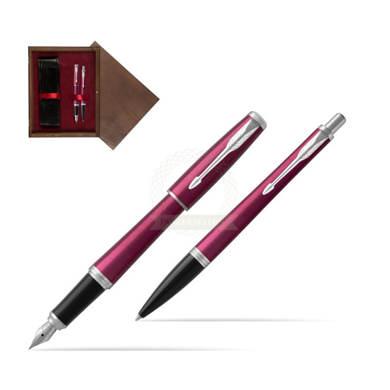 Zestaw Prezentowy Parker Pióro wieczne + Długopis Urban Vibrant Magenta CT w pudełku drewnianym Wenge Double Bordo