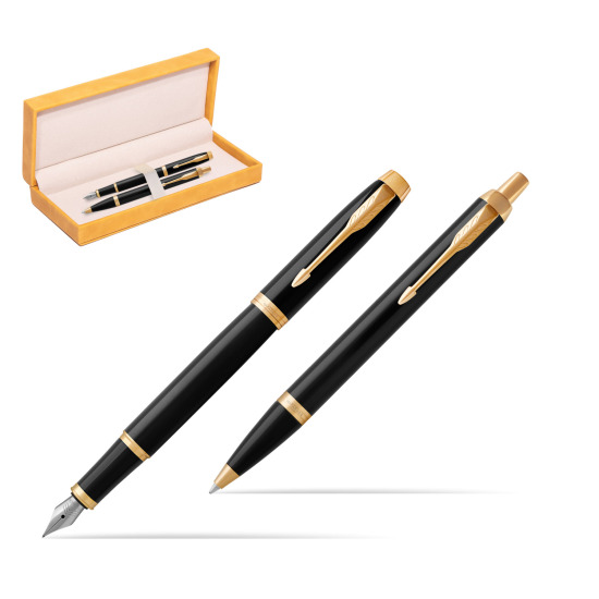 Zestaw Prezentowy Parker Pióro wieczne + Długopis IM Czarny GT w żółtym pudełku zamszowym