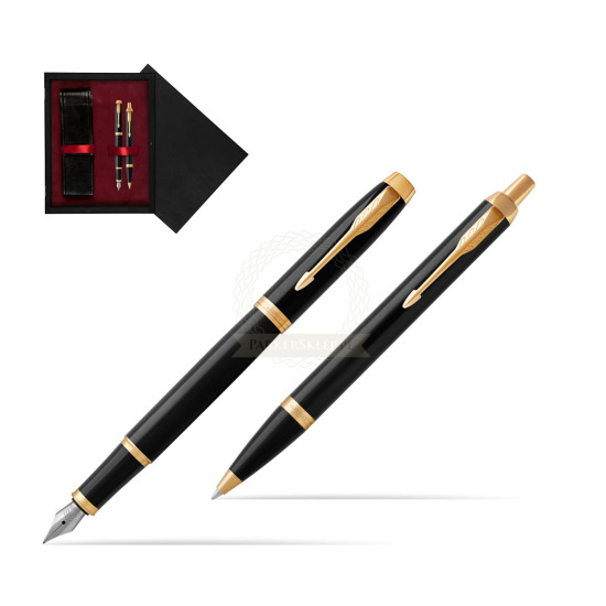 Zestaw Prezentowy Parker Pióro wieczne + Długopis IM Czarny GT w pudełku drewnianym Czerń Double Bordo