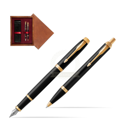 Zestaw Prezentowy Parker Pióro wieczne + Długopis IM Czarny GT w pudełku drewnianym Mahoń Double Bordo