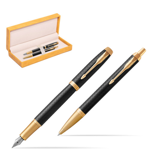 Zestaw prezentowy Parker Pióro wieczne + Długopis IM Premium Black  GT w żółtym pudełku zamszowym