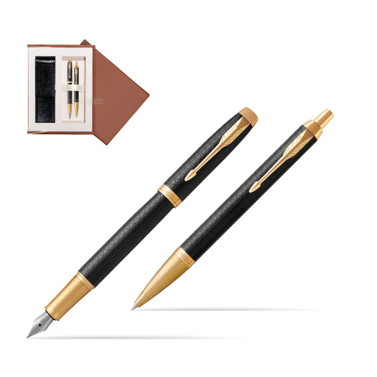Zestaw prezentowy Parker Pióro wieczne + Długopis IM Premium Black  GT w brązowym pudełku zamszowym
