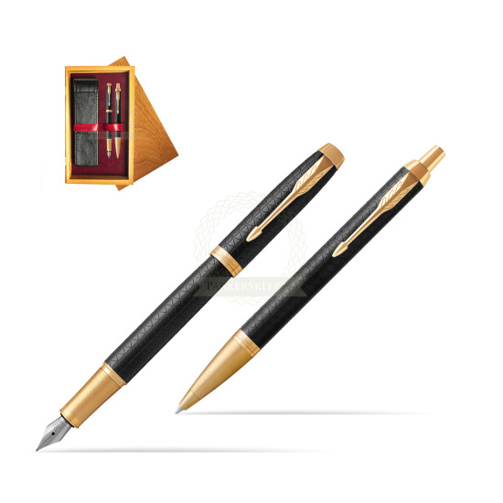 Zestaw prezentowy Parker Pióro wieczne + Długopis IM Premium Black  GT w pudełku drewnianym Honey Double Bordo