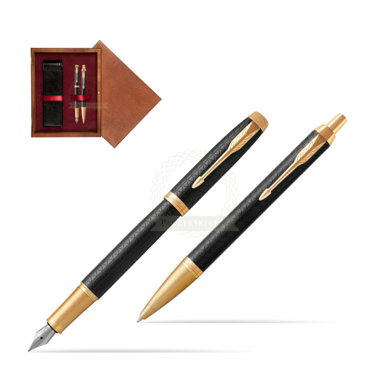 Zestaw prezentowy Parker Pióro wieczne + Długopis IM Premium Black  GT w pudełku drewnianym Mahoń Double Bordo