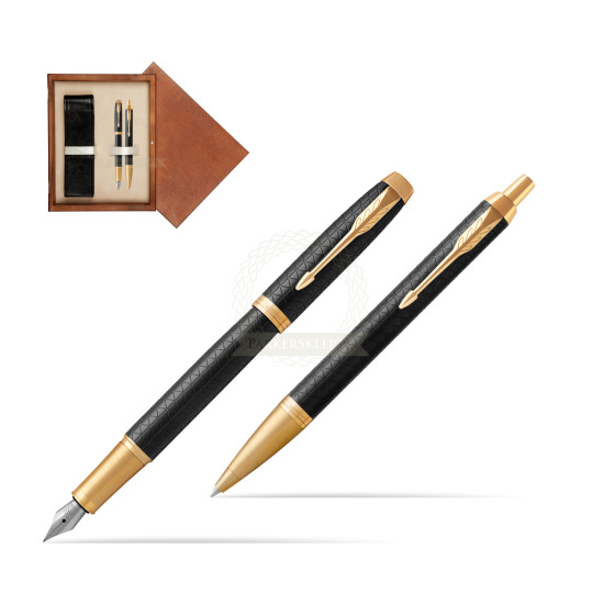 Zestaw prezentowy Parker Pióro wieczne + Długopis IM Premium Black  GT w pudełku drewnianym Mahoń Double Ecru