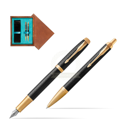 Zestaw prezentowy Parker Pióro wieczne + Długopis IM Premium Black  GT w pudełku drewnianym Mahoń Double Turkus