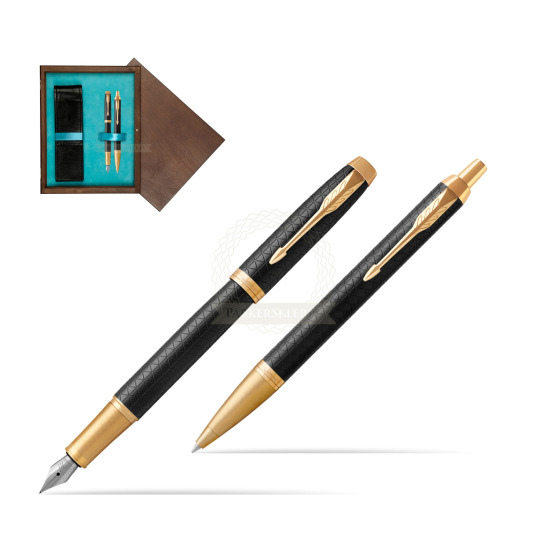 Zestaw prezentowy Parker Pióro wieczne + Długopis IM Premium Black  GT w pudełku drewnianym Wenge Double Turkus