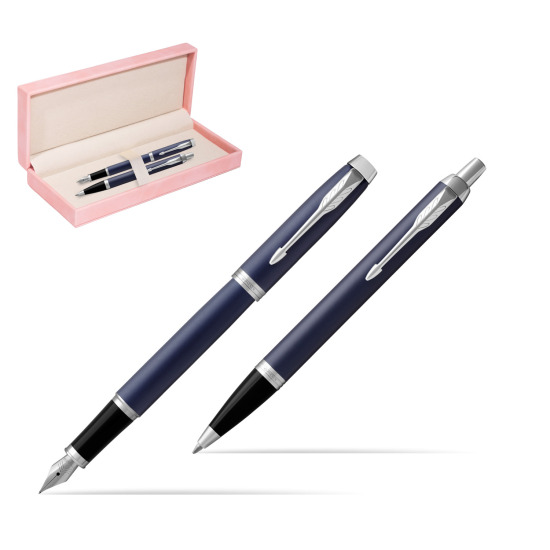 Zestaw Prezentowy Parker Pióro wieczne + Długopis IM Niebieski Mat CT w różowym pudełku zamszowym