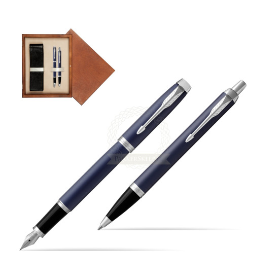 Zestaw Prezentowy Parker Pióro wieczne + Długopis IM Niebieski Mat CT w pudełku drewnianym Mahoń Double Ecru