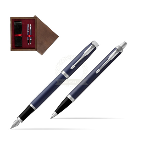 Zestaw Prezentowy Parker Pióro wieczne + Długopis IM Niebieski Mat CT w pudełku drewnianym Wenge Double Bordo
