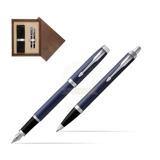 Zestaw Prezentowy Parker Pióro wieczne + Długopis IM Niebieski Mat CT w pudełku drewnianym Wenge Double Ecru