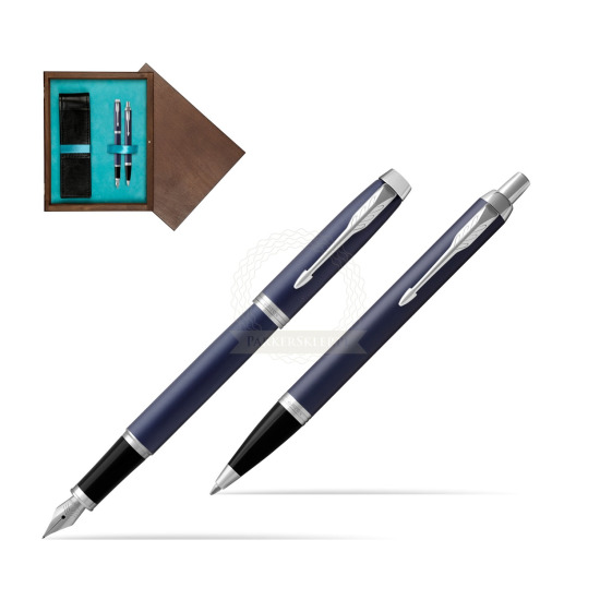 Zestaw Prezentowy Parker Pióro wieczne + Długopis IM Niebieski Mat CT w pudełku drewnianym Wenge Double Turkus