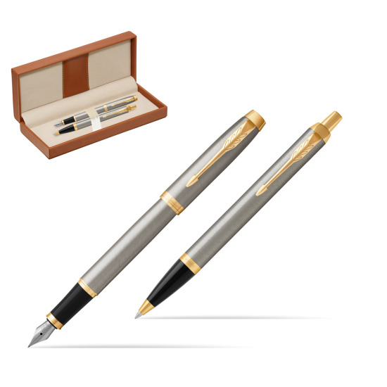 Zestaw Prezentowy Parker Pióro wieczne + Długopis IM Brushed Metal GT w pudełku classic brown