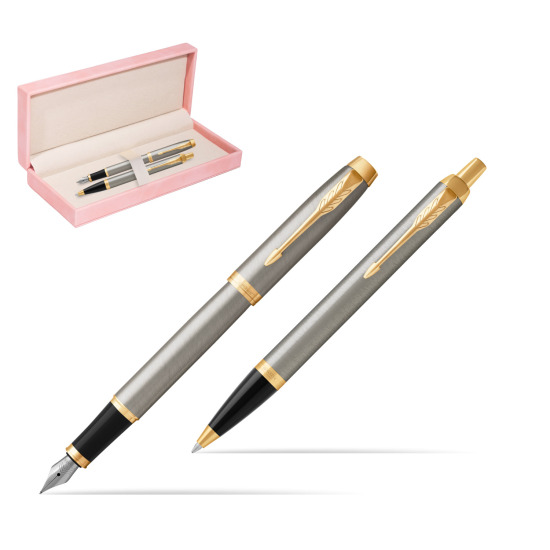 Zestaw Prezentowy Parker Pióro wieczne + Długopis IM Brushed Metal GT w różowym pudełku zamszowym