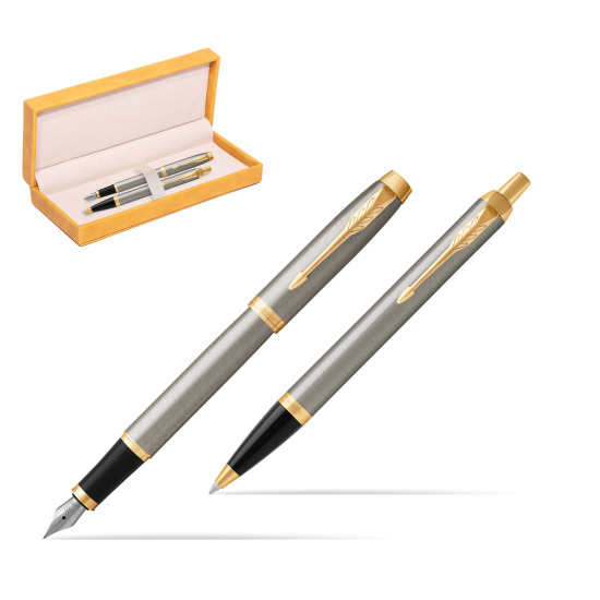 Zestaw Prezentowy Parker Pióro wieczne + Długopis IM Brushed Metal GT w żółtym pudełku zamszowym