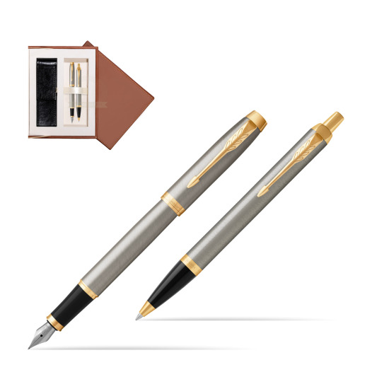 Zestaw Prezentowy Parker Pióro wieczne + Długopis IM Brushed Metal GT w brązowym pudełku zamszowym
