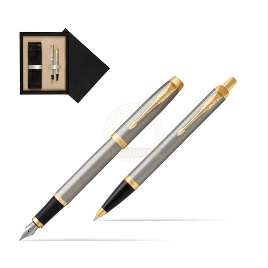 Zestaw Prezentowy Parker Pióro wieczne + Długopis IM Brushed Metal GT w pudełku drewnianym Czerń Double Ecru