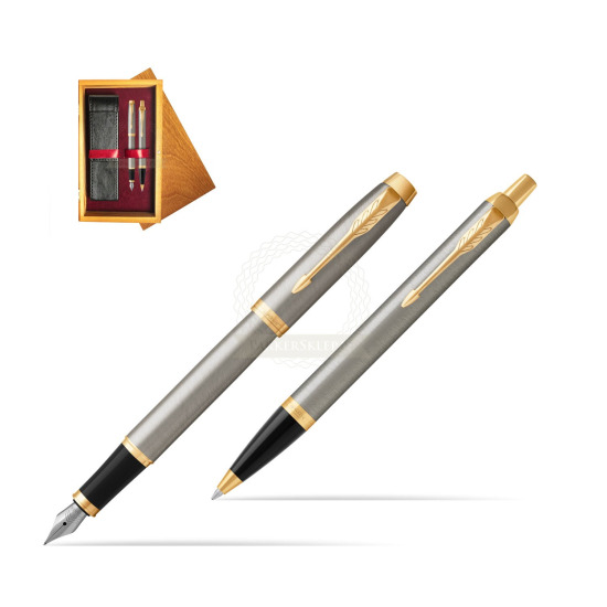 Zestaw Prezentowy Parker Pióro wieczne + Długopis IM Brushed Metal GT w pudełku drewnianym Honey Double Bordo