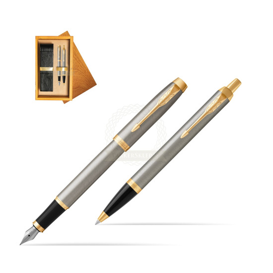 Zestaw Prezentowy Parker Pióro wieczne + Długopis IM Brushed Metal GT w pudełku drewnianym Honey Double Ecru