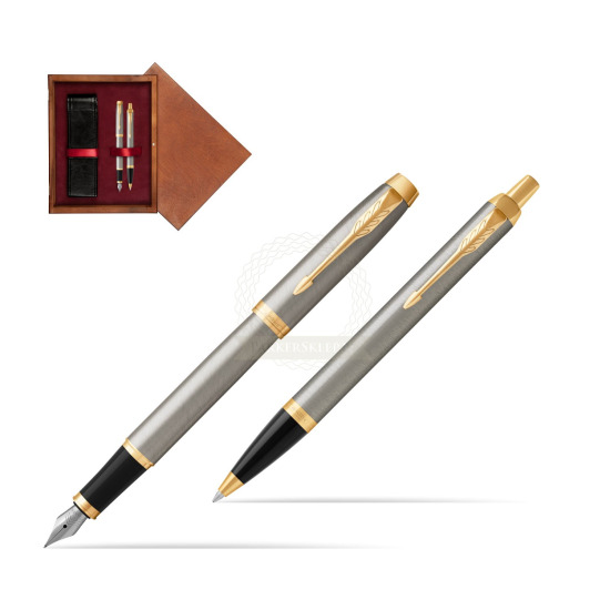 Zestaw Prezentowy Parker Pióro wieczne + Długopis IM Brushed Metal GT w pudełku drewnianym Mahoń Double Bordo